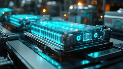 Obraz premium A futuristic battery production plant, glowing blue energy cells being assembled 
