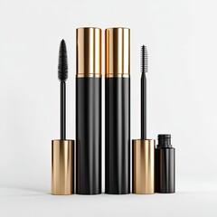 Two black mascara tubes with gold caps, and a mascara wand, showcasing a luxury cosmetic product