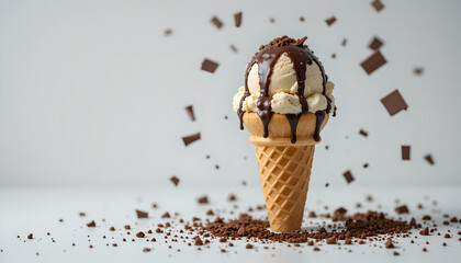 Delicious vanilla ice cream cone with chocolate drizzle and shavings.
