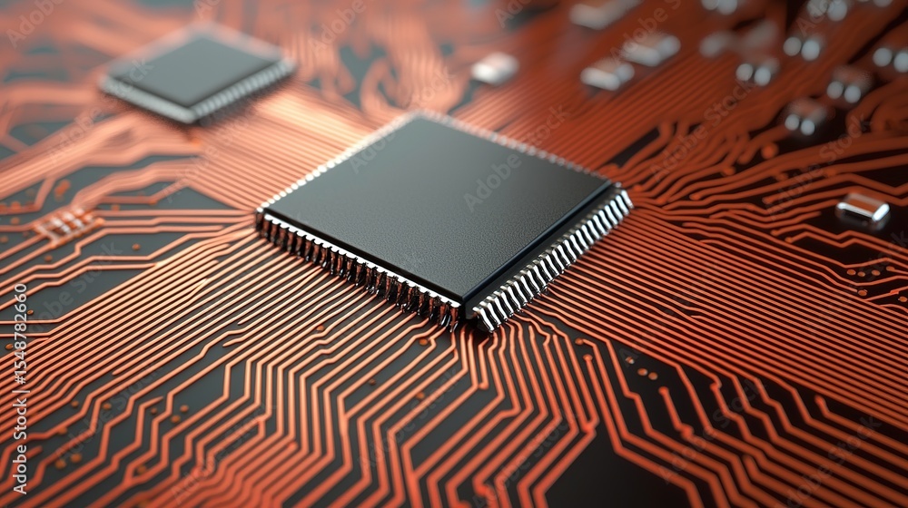 Poster close-up of a microchip on a circuit board with intricate orange and black pathways.