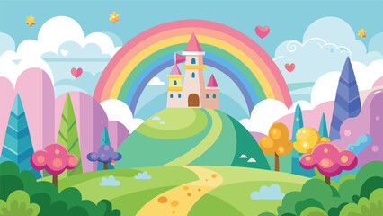 Cartoon Magical Palace Background for Kids. Cute Vector Illustration of a Fairytale Princess Castle in the Clouds. Children's Fantasy Scene