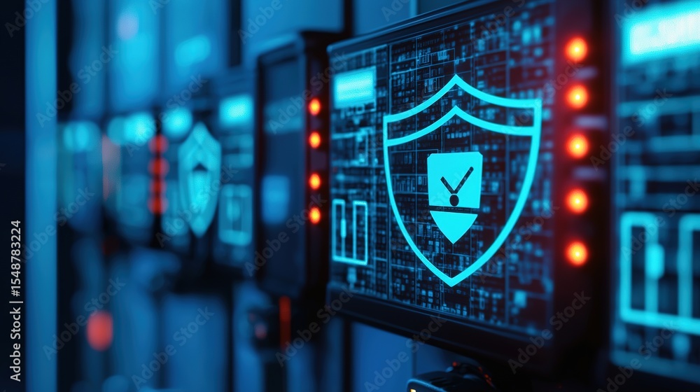 Poster a digital display shows a cybersecurity shield icon in a server room, symbolizing data protection an