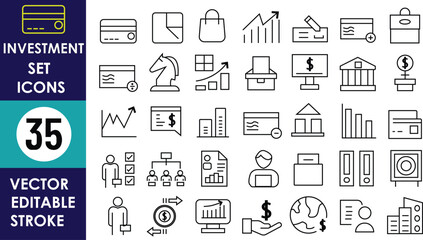 35 black outline investment icons: charts, credit card, bank, dollar sign, briefcase, documents, calculator, people, handshake, piggy bank, ATM, folders, and graph