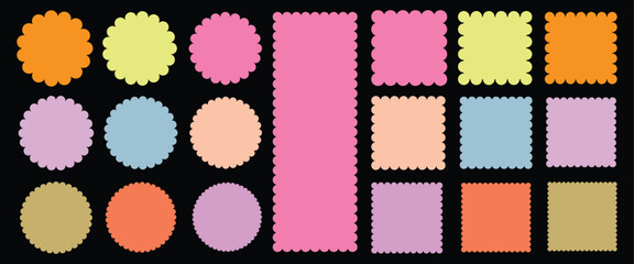 Geometric shapes with scallop and zigzag edges set. Zig zag edge circle, square shape collection.	
