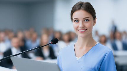 Inspiring Speech: A confident speaker captivating an audience. A dynamic woman delivering a presentation in a modern conference room, with focused energy and polished delivery, inspiring attendees.