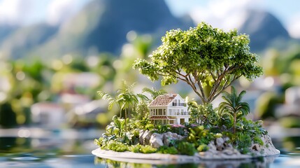 Tropical Island With White Modern House Surrounded by Lush Green Trees In Crystal Blue Waters on Sunny Day