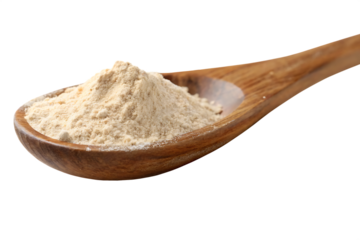 ashwagandha powder pile in wooden spoon isolated on white background, png, ai generated.