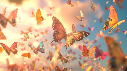 A vibrant display of butterflies in flight against a backdrop of a warm sunset