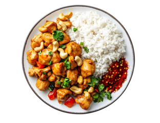 Delicious cashew chicken with white rice and chili flakes on a black background