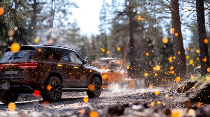 Two Cars Driving Through Forest Under Sunlight and Dotted Bokeh with Lush Green Trees in a Fast Motion with Moody Lighting and Ground Dust
