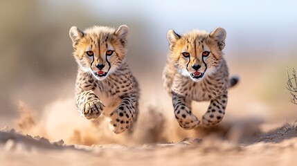 Two Cheetah Cubs Running Across Dusty Terrain Under Bright Sunlight in Natural Habitat Showing Speed and Agility