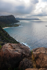 A sweeping coastal view from Makapuʻu Lookout on the eastern tip of Oʻahu, Hawaii. This elevated...