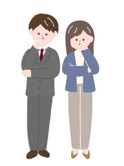 考え事をしているスーツの男性とジャケットの女性