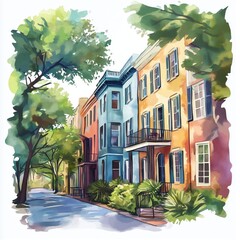 Savannah Historic District. Savannah Historic District hand drawn watercolor illustration
