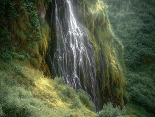 Waterfall cascading down mossy cliff