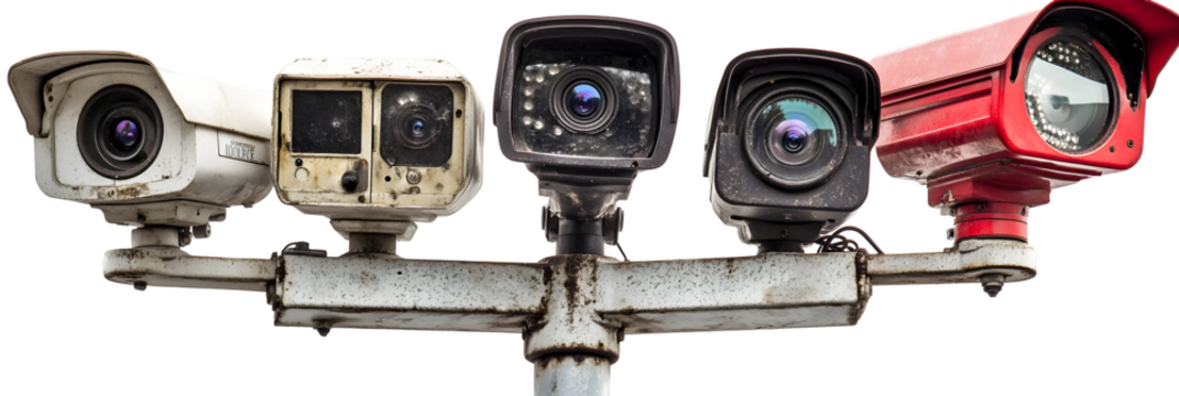 Array of surveillance camera, security equipment in black background and rustic pole