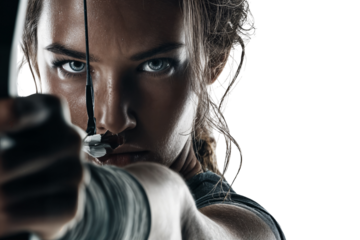 Close-up of focused female archer aiming with bow and arrow isolated on transparent background