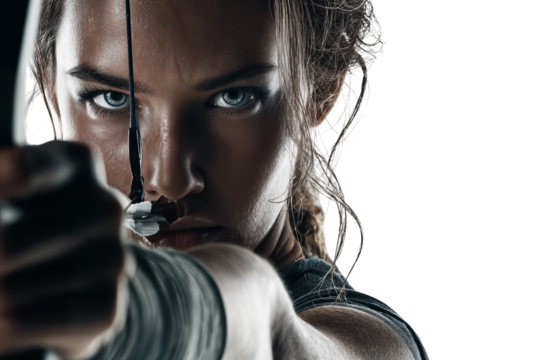 Close-up of focused female archer aiming with bow and arrow isolated on transparent background