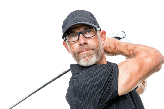 Senior male golfer with beard and glasses swinging golf club isolated on transparent background - Powered by Adobe
