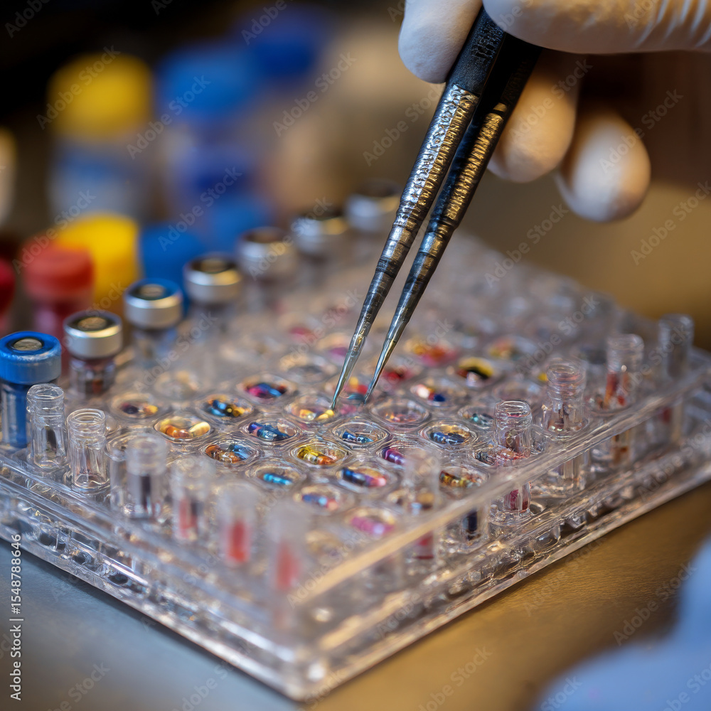 Poster scientists are using tiny tools to put medicine samples into a special tray with lots of tiny contai