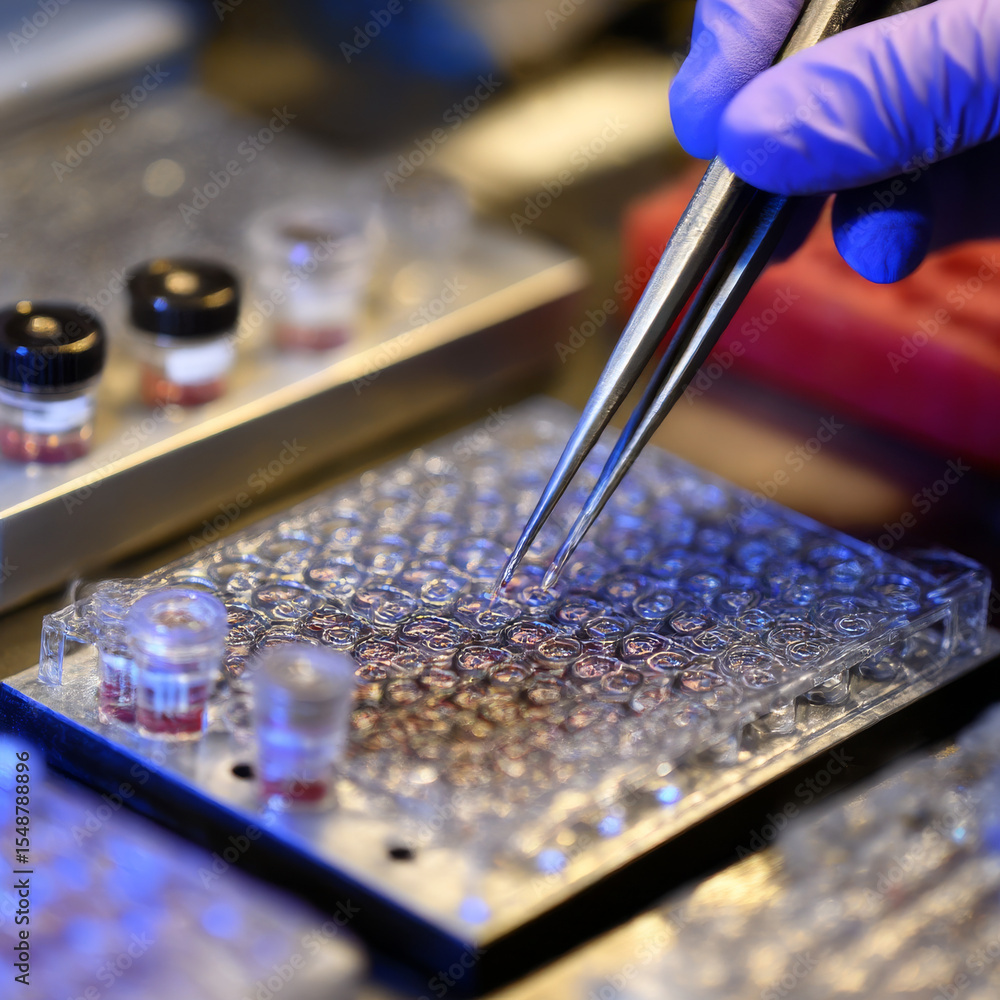 Poster scientists are using tiny tools to put medicine samples into a special tray with lots of tiny contai