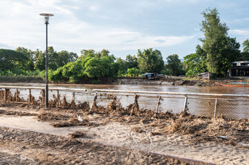 The public park close to Kok river having damaged from Kok river rising and flooded Chiang Rai province, Thailand.