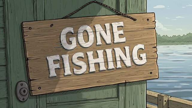 Charming Cartoon Sign: "Gone Fishing" Hanging by the Lake for a Relaxing Getaway