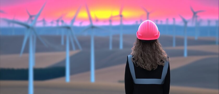 Woman in hard hat views wind farm at sunrise