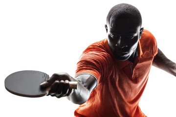 Focused male table tennis player in orange shirt hitting ball with paddle isolated on transparent background
