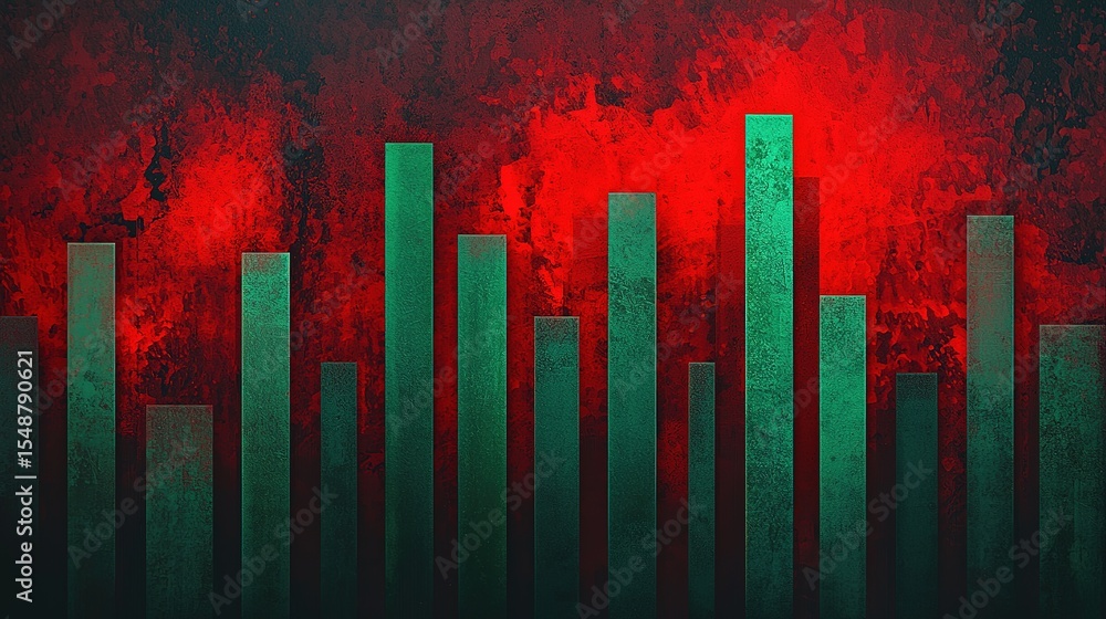 Poster abstract green bar graph on a textured red background, evoking a dramatic and modern data visualizat