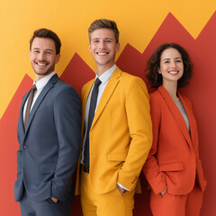 Three people in suits and ties are smiling for the camera. The man in the yellow suit is the tallest and the woman in the orange suit is the shortest. The man in the blue suit is in the middle