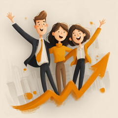 Three people are standing together, one of them is wearing a tie. They are all smiling and seem to be celebrating something. The background features a city skyline and a large upward arrow