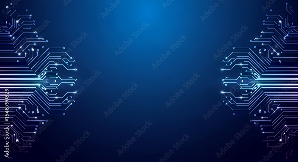 Poster abstract circuit board design with glowing lines and a dark blue background.