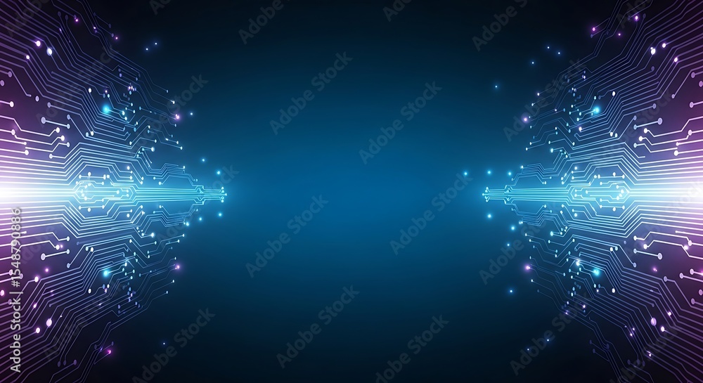 Poster abstract digital circuitry design with glowing purple and blue lines radiating from a central bright