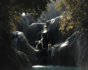 Waterfall cascading into turquoise pool