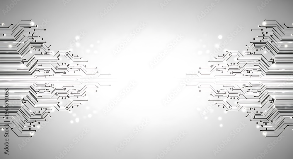 Poster abstract digital circuit board design featuring symmetrical electronic pathways and connections.