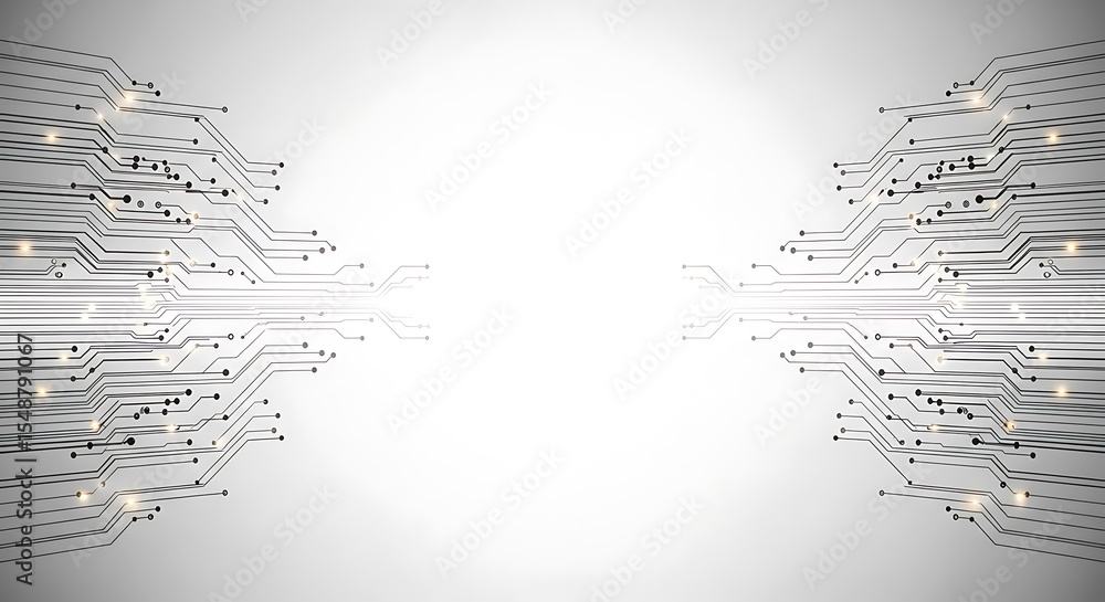 Poster abstract symmetrical circuit board design with glowing nodes on a bright background, suggesting tech