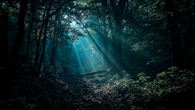 Ethereal forest light rays mystical nature background - Powered by Adobe