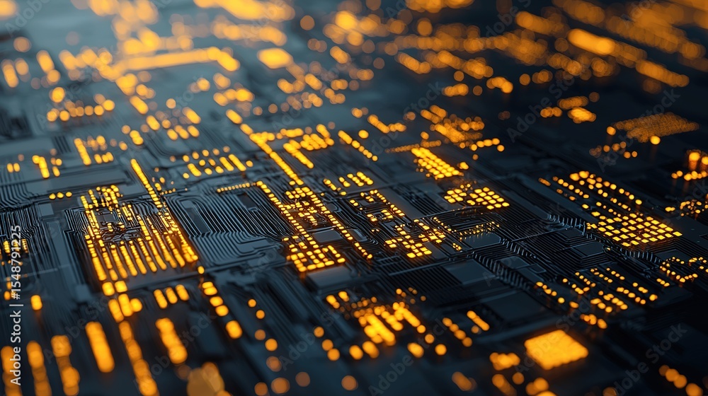 Poster a close-up view of a glowing circuit board, highlighting intricate electronic pathways and illuminat