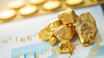 Gold nuggets rest on a financial chart, symbolizing investment and market trends in precious metals.