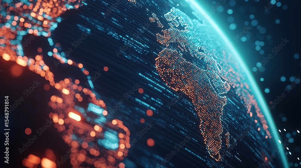 Poster a digital rendering of earth from space, highlighting continents with glowing data points and lines.