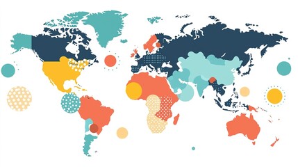 Colorful abstract world map with various patterns and circles highlighting different regions and countries.