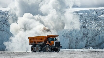 A large dump truck emits smoke while operating in a snowy, icy landscape, likely near a mining or quarry site.
