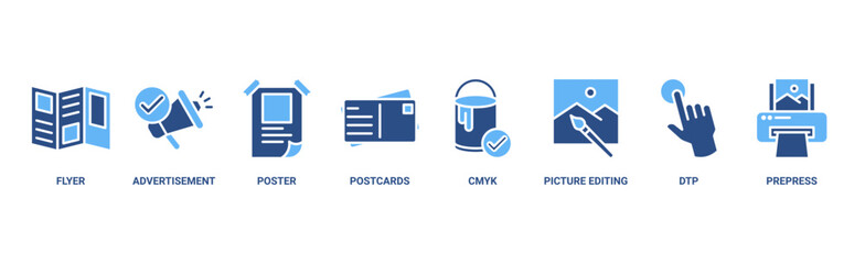 Print banner web icon vector illustration concept with icon of flyer, advertisement, brochure, poster, postcards, cmyk, picture editing, dtp, and prepress