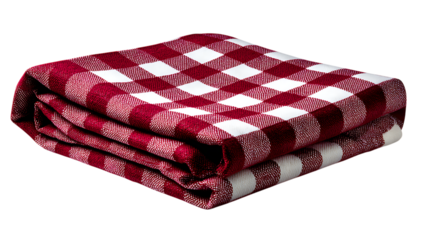 Folded red and white gingham tablecloth isolated on transparent background