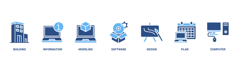 BIM banner web icon vector illustration concept for building information modeling with icon of building, information, modeling, software, design, plan, and computer