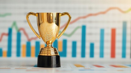A golden trophy sits on a table with colorful bar and line graphs in the background, symbolizing achievement and success.