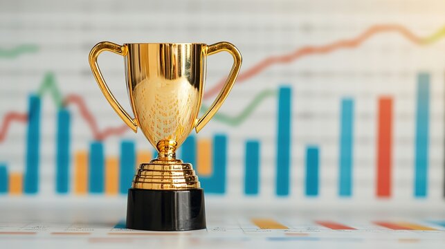 A golden trophy sits on a table with colorful bar and line graphs in the background, symbolizing achievement and success. - Powered by Adobe