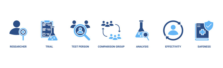 Clinical study banner web icon vector illustration concept for clinical trial research with an icon of researcher, trial, test person, comparison group, analysis, effectivity, and safeness