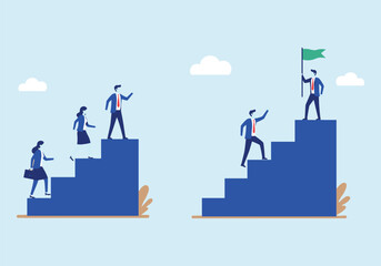 Teamwork and Goal Achievement: Business Teams Building Stages to Reach a Flag, Symbolizing Collaboration and Success.